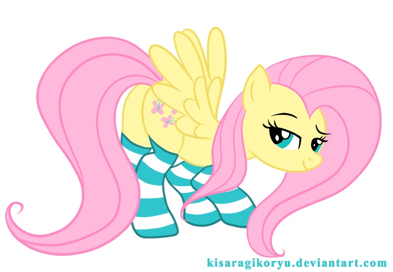 Size: 800x553 | Tagged: artist:kisaragikoryu, bedroom eyes, clothes, female, fluttershy, inviting you, plot, socks, solo, solo female, striped socks, suggestive