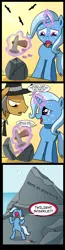 Size: 786x3018 | Tagged: safe, artist:madmax, derpibooru import, igneous rock pie, trixie, pony, bipedal, comic, gibraltar, hammer, hat, magic, necktie, open mouth, rock, rock farm, slice of life, telekinesis, yelling