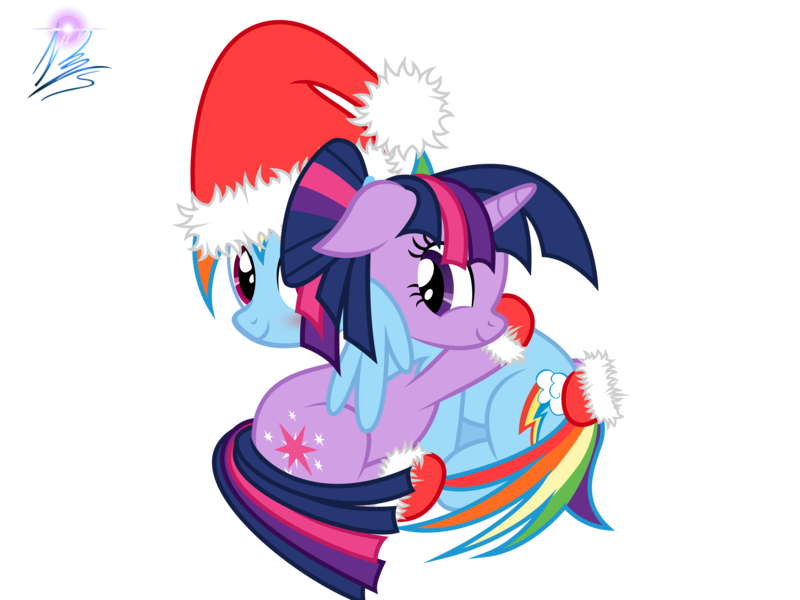 Size: 8000x6000 | Tagged: safe, artist:nightmaremoons, derpibooru import, rainbow dash, twilight sparkle, absurd resolution, alternate hairstyle, clothes, female, hat, hug, lesbian, santa hat, shipping, simple background, socks, transparent background, twidash, vector, winghug