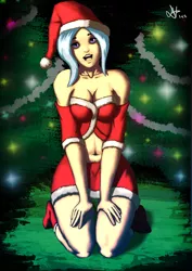 Size: 1414x2000 | Tagged: artist:deilan12, belly button, breasts, christmas, christmas tree, clothes, costume, female, hat, holiday, humanized, kneeling, santa costume, santa hat, sexy, sexy santa costume, solo, solo female, stupid sexy trixie, suggestive, tree, trixie