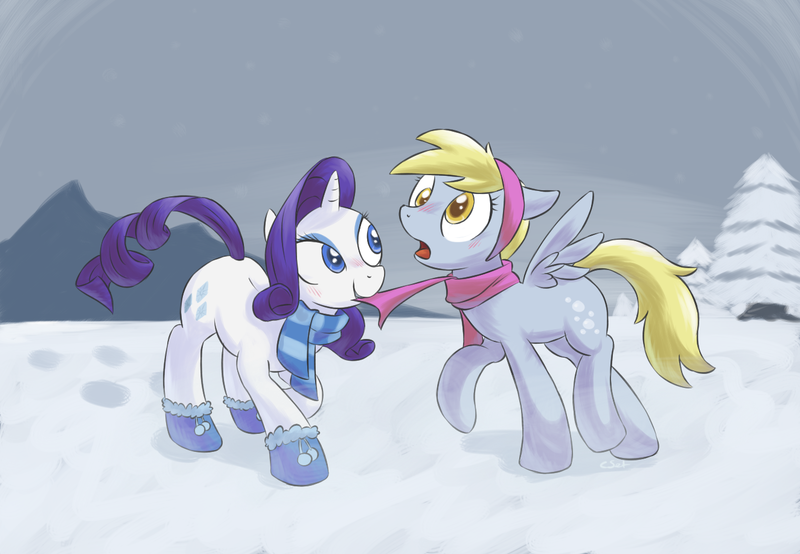 Size: 1325x917 | Tagged: safe, artist:yeendip, derpibooru import, derpy hooves, rarity, pegasus, pony, blushing, clothes, derpity, female, hat, lesbian, mare, mittens, scarf, shipping, snow, winter