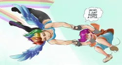 Size: 1026x550 | Tagged: artist:sundown, derpibooru import, edit, female, human, humanized, rainbow dash, recaption, safe, scootaloo, scootalove, toilet humor, winged humanization