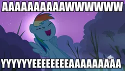 Size: 947x540 | Tagged: derpibooru import, edit, edited screencap, hub logo, image macro, inverted mouth, rainbow dash, reaction image, safe, screencap, sleepless in ponyville, solo