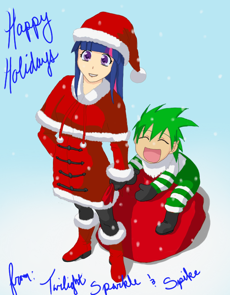 Size: 600x768 | Tagged: artist:danteskitten, derpibooru import, elf, happy holidays, hat, humanized, safe, santa claus, santa hat, sled, snow, snowfall, spike, twilight sparkle, yotsuba