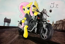 Size: 1024x691 | Tagged: artist:jet-ann, derpibooru import, fluttershy, motorcycle, safe, solo, traditional art