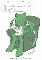 Size: 702x1000 | Tagged: safe, artist:mysteryrose, derpibooru import, ponified, armchair, body horror, cthulhu, deity lord, eldritch abomination, glasses, image, jpeg, lovecraftian deity, male, newspaper, reading, sitting, solo, solo male, watermark, wings