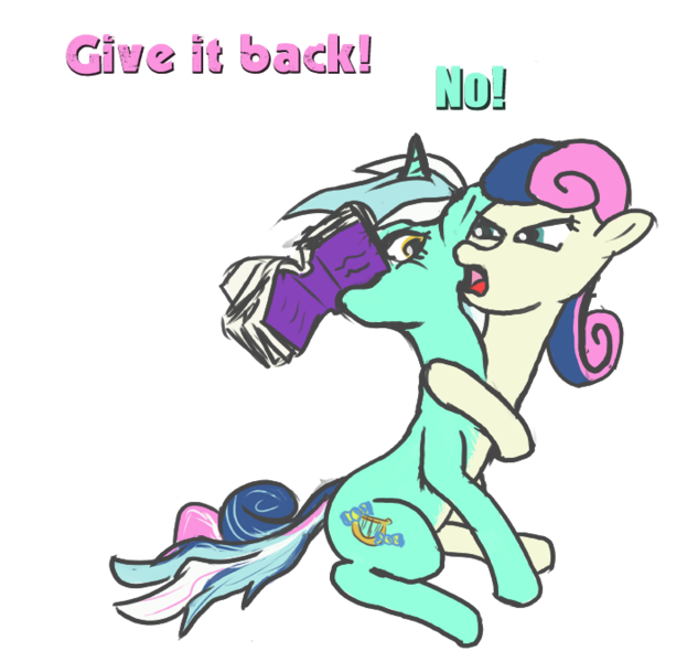 Size: 700x674 | Tagged: safe, artist:captain c., derpibooru import, bon bon, lyra heartstrings, sweetie drops, earth pony, pony, unicorn, angry, book, conjoined, female, frown, glare, keep away, looking at something, mare, mouth hold, nom, open mouth, reaching, simple background, text, transparent background, wide eyes