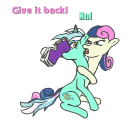 Size: 700x674 | Tagged: safe, artist:captain c., derpibooru import, bon bon, lyra heartstrings, sweetie drops, earth pony, pony, unicorn, angry, book, conjoined, female, frown, glare, keep away, looking at something, mare, mouth hold, nom, open mouth, reaching, simple background, text, transparent background, wide eyes