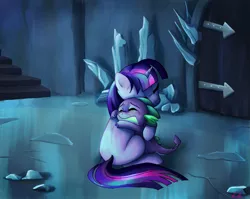 Size: 1053x839 | Tagged: safe, artist:c-puff, derpibooru import, spike, twilight sparkle, dragon, pony, unicorn, the crystal empire, anxiety, comfort, comforting, crowning moment of heartwarming, crying, cute, door, fear, feels, female, heartwarming, hug, male, mama twilight, mare, missing cutie mark, scene interpretation, spikabetes, spikelove, stairs, sweet dreams fuel, twiabetes, unicorn twilight