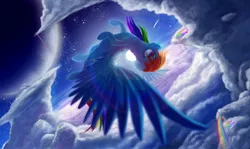 Size: 2019x1200 | Tagged: safe, artist:tsitra360, derpibooru import, rainbow dash, pegasus, pony, cloud, female, flying, mare, moon, night, rainbow waterfall, solo, spread wings, stars, upside down, wallpaper, wings