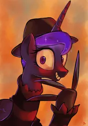 Size: 1800x2550 | Tagged: safe, artist:docwario, derpibooru import, princess luna, alicorn, pony, clothes, cosplay, costume, creepy, creepy grin, crossover, dream walker luna, ethereal mane, female, freddy krueger, grin, hat, knife, looking at you, mare, metal claws, nightmare on elm street, smiling, solo, starry mane