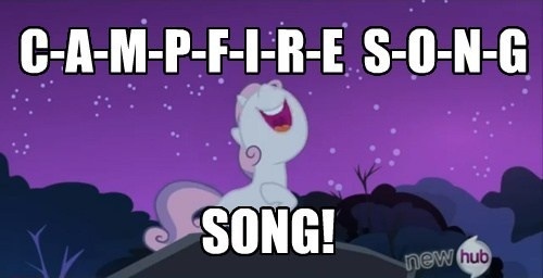 Size: 500x256 | Tagged: campfire song, crossover, derpibooru import, hub logo, image macro, safe, screencap, sleepless in ponyville, solo, song, song reference, spongebob squarepants, sweetie belle, the camping episode