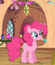Size: 481x569 | Tagged: safe, derpibooru import, edit, edited screencap, screencap, pinkie pie, earth pony, pony, animated, d:, duh, female, frown, glare, image macro, mare, mouth hold, open mouth, party horn, reaction image, sitting, smiling, solo, underhoof, uvula