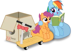 Size: 4000x2863 | Tagged: artist:foxtail8000, beanbag chair, book, box, cute, daring do, derpibooru import, hug, rainbow dash, reading, safe, scootaloo, scootalove, scooter, .svg available, vector