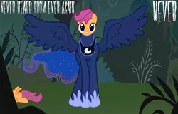 Size: 794x509 | Tagged: semi-grimdark, derpibooru import, princess luna, scootaloo, the headless horse (character), headless horse, pegasus, pony, abuse, dead, decapitated, dream walker luna, image macro, nightmare fuel, scootabuse, severed head, wat