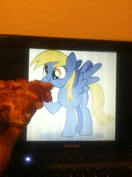 Size: 968x1296 | Tagged: safe, derpibooru import, derpy hooves, pegasus, pony, computer, eating, female, food, funny, irl, laptop computer, mare, meat, nose wrinkle, otaku date, pepperoni, pepperoni pizza, photo, pizza, puffy cheeks, spread wings, toshiba, waifu dinner