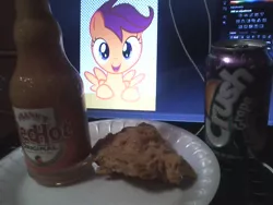 Size: 1280x960 | Tagged: chicken, chicken meat, derpibooru import, food, fried chicken, hot sauce, lord niggertron approves, meat, otaku date, photo, safe, sauce, scootaloo, waifu dinner