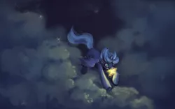 Size: 850x530 | Tagged: source needed, safe, artist:noel, derpibooru import, princess luna, pony, cloud, cloudy, filly, flying, mouth hold, night, solo, stars, tangible heavenly object, woona