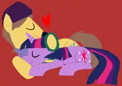 Size: 500x354 | Tagged: safe, artist:ghost, derpibooru import, caramel, twilight sparkle, earth pony, pony, unicorn, beanie, caralight, clothes, cuddling, cute, earmuffs, eyes closed, female, hat, heart, male, prone, red background, scarf, shipping, simple background, sleeping, smiling, straight