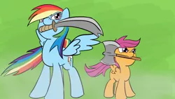 Size: 1280x720 | Tagged: artist:kanashiipanda, axe, derpibooru import, mouth hold, rainbow dash, safe, scootaloo, sword, weapon