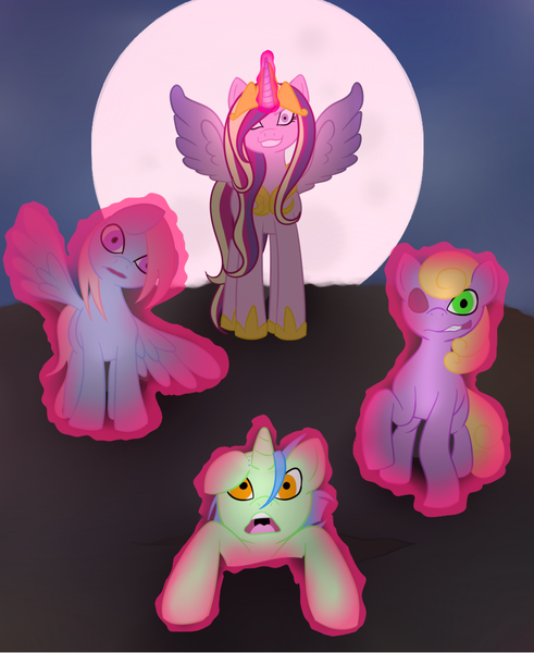 Size: 900x1100 | Tagged: artist:blueflurries, derpibooru import, moon, necromancy, princess cadance, safe, zombie