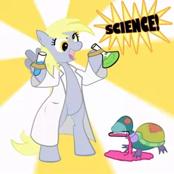 Size: 900x900 | Tagged: safe, artist:aoshistark, derpibooru import, derpy hooves, pegasus, pony, turtle, clothes, female, lab coat, mare, pet, science, toy turtle