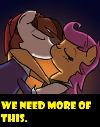 Size: 618x789 | Tagged: artist:eliwood10, ask, ask captain pipsqueak, derpibooru import, female, kissing, male, meta, pipsqueak, safe, scootaloo, scootasqueak, shipping, straight, tumblr, yellow words