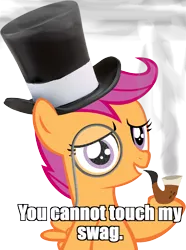 Size: 1065x1431 | Tagged: classy, derpibooru import, hat, image macro, monocle, pipe, safe, scootaloo, swag, top hat