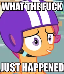 Size: 516x595 | Tagged: derpibooru import, helmet, image macro, reaction image, safe, scootaloo, vulgar