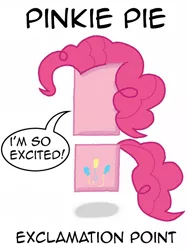 Size: 480x640 | Tagged: cutie mark, derpibooru import, excited, exclamation point, mane, objectification, pinkie pie, safe, simple background, solo, speech bubble, text, wat, white background