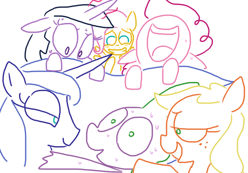 Size: 854x598 | Tagged: safe, artist:the weaver, derpibooru import, applejack, fluttershy, pinkie pie, princess luna, spike, twilight sparkle, applespike, bed, female, flutterspike, harem, interspecies, lucky bastard, male, pinkiespike, polyamory, shipping, simple background, spike gets all the mares, spiluna, straight, sweat, twispike, white background