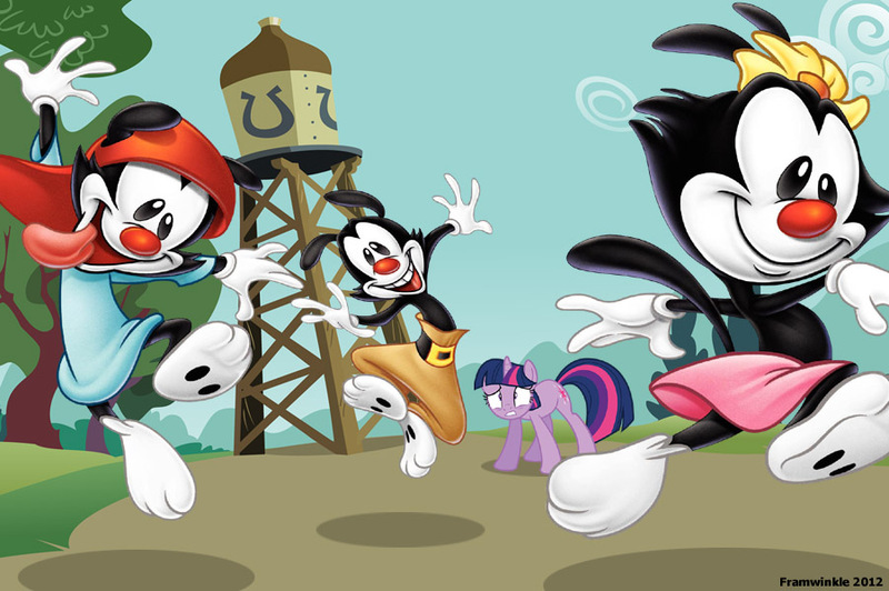 Size: 900x599 | Tagged: animaniacs, artist:birthofthepheonix, artist:cloudshadezer0, artist:framwinkle, crossover, derpibooru import, dot warner, equestria is doomed, safe, twilight sparkle, wakko warner, warner brothers, xk-class end-of-the-world scenario, yakko warner