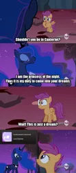 Size: 500x1124 | Tagged: achievement, achievement get, achievement unlocked, comic, derpibooru import, dream walker luna, edit, edited screencap, hub logo, image macro, lucid dream, lucid dreaming, princess luna, safe, scootaloo, screencap, screencap comic, sleepless in ponyville, steam (software)