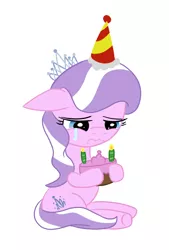 Size: 560x828 | Tagged: artist:elslowmo, cake, crying, cute, derpibooru import, diamondbetes, diamond tiara, happy birthday to me, hat, original artist unknown, party hat, sad, safe, tiarabuse