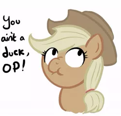 Size: 597x571 | Tagged: applejack, artist:shoutingisfun, derpibooru import, edit, image macro, liar face, liarjack, lies, op, op is not a duck, safe