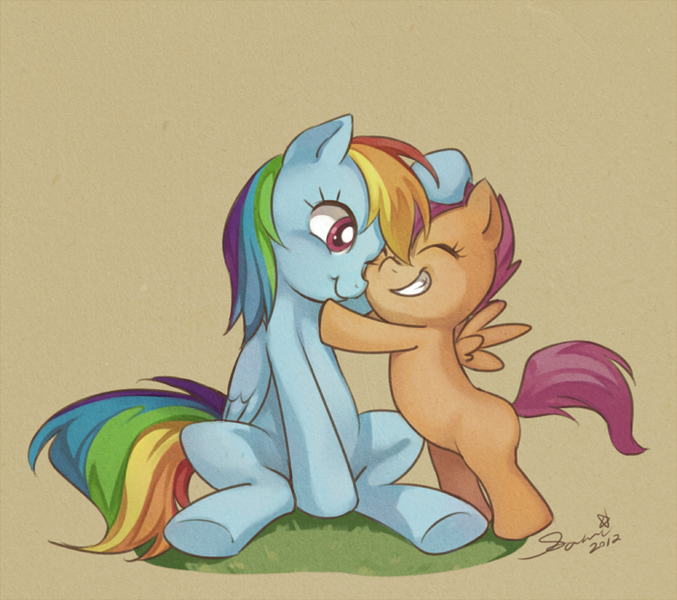 Size: 700x620 | Tagged: safe, artist:sasasami, derpibooru import, rainbow dash, scootaloo, pegasus, pony, blank flank, cute, cutealoo, dashabetes, eyes closed, female, filly, hug, mare, one eye closed, scootalove, sitting, smiling, tan background