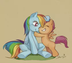 Size: 700x620 | Tagged: safe, artist:sasasami, derpibooru import, rainbow dash, scootaloo, pegasus, pony, blank flank, cute, cutealoo, dashabetes, eyes closed, female, filly, hug, mare, one eye closed, scootalove, sitting, smiling, tan background