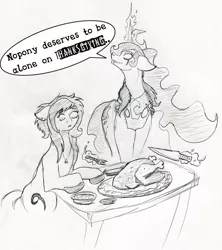 Size: 710x800 | Tagged: safe, artist:negativefade, derpibooru import, nightmare moon, princess luna, oc, bird, pony, turkey, cooked, dead, female, food, levitation, magic, mare, meat, metal goddess luna, monochrome, ponies eating meat, telekinesis, traditional art, wide eyes