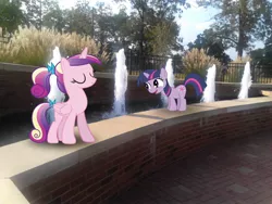 Size: 2048x1536 | Tagged: safe, artist:tokkazutara1164, derpibooru import, princess cadance, twilight sparkle, pony, filly, fountain, irl, outdoors, photo, ponies in real life, vector