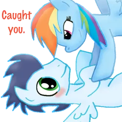 Size: 900x900 | Tagged: safe, artist:ajmstudios, derpibooru import, rainbow dash, soarin', blushing, caught you, cute, love, meme, pinned, romance, shipping, soarindash