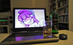 Size: 1920x1200 | Tagged: alcohol, artist:darkdoomer, berry punch, berryshine, computer, derpibooru import, drink, laptop computer, liquor, otaku date, photo, safe, toshiba, waifu dinner, whiskey