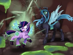 Size: 779x589 | Tagged: artist:hymlpr, changeling, changelingified, dead source, derpibooru import, open mouth, queen chrysalis, safe, species swap, transformation, twilight sparkle