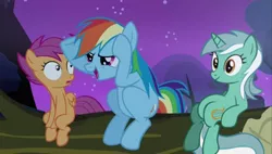 Size: 500x284 | Tagged: safe, derpibooru import, edit, edited screencap, screencap, lyra heartstrings, rainbow dash, scootaloo, pegasus, pony, unicorn, sleepless in ponyville, female, filly, mare, meme, sitting lyra