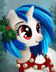 Size: 612x792 | Tagged: safe, artist:paintedhoofprints, derpibooru import, vinyl scratch, pony, unicorn, bells, christmas, cute, female, holly, mare, open mouth, smiling, solo, vinylbetes, wrong eye color
