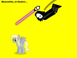 Size: 800x600 | Tagged: safe, artist:ask-bhaalspawn, derpibooru import, derpy hooves, pegasus, pony, bhaalspawn, derpygate, female, humor, lightsaber, lily orchard, lily peet, mare, out of context, parody, zp style