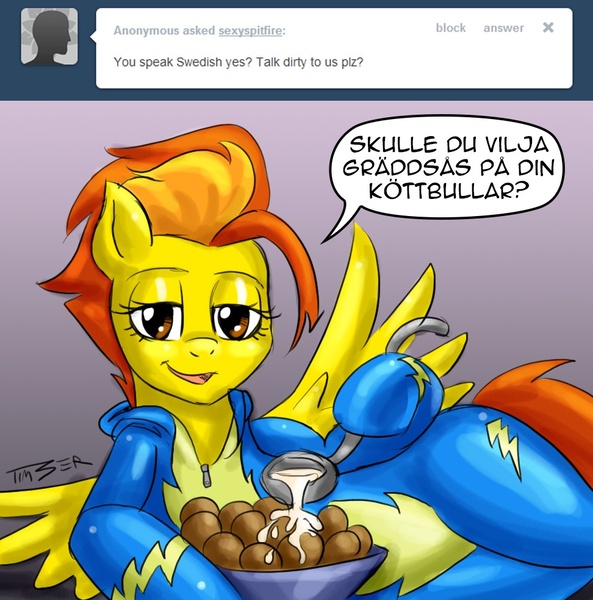 Size: 972x983 | Tagged: artist:pluckyninja, ask, bedroom eyes, clothes, derpibooru import, meatball, meatballs, spitfire, spoon, stupid sexy spitfire, suggestive, sweden, swedish, swedish spitfire, tumblr, tumblr:sexy spitfire, uniform, wonderbolts