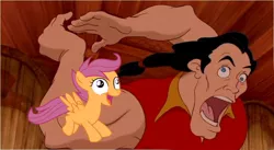 Size: 1000x548 | Tagged: beauty and the beast, derp, derpibooru import, didney worl, edit, gaston, safe, scootaloo