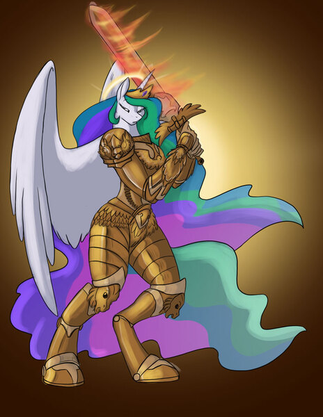 Size: 700x906 | Tagged: safe, artist:foxenawolf, derpibooru import, princess celestia, alicorn, anthro, unguligrade anthro, armor, crossover, empress, ethereal mane, ethereal tail, female, fire, flaming sword, flowing mane, flowing tail, god-emperor of mankind, god empress of ponykind, gradient background, halo, horn, image, jpeg, multicolored mane, multicolored tail, power armor, powered exoskeleton, praise the sun, purple eyes, royalty, solo, sword, terminator armor, warhammer 40k, warhammer (game), warrior, warrior celestia, weapon, wings