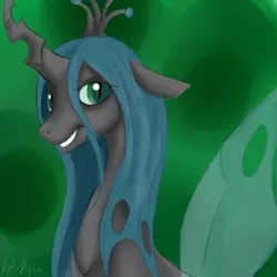 Size: 700x700 | Tagged: artist:goldenwoof, changeling, changeling queen, derpibooru import, female, green background, queen chrysalis, safe, simple background, smiling, solo