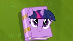 Size: 640x360 | Tagged: safe, derpibooru import, edit, edited screencap, screencap, twilight sparkle, book, bookhorse, c:, intro, literal, objectification, smiling, species swap, starry eyes, wat, wingding eyes